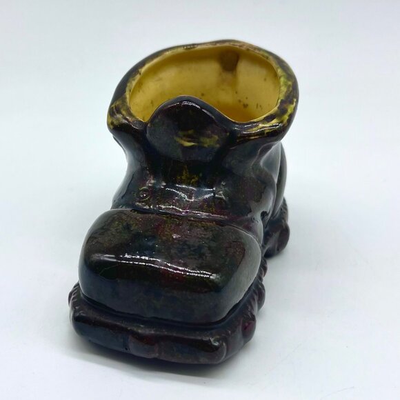 Vintage Mid Century Glazed Ceramic Boot Shoe Planter Vase Catchall Brown Yellow - Picture 2 of 9